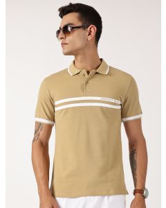 Beige Regular Fit Short Sleeve Solid Polo Collar Cotton T-shirt