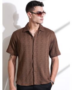 Brown Oversized Textured Knitted Casual Shirt