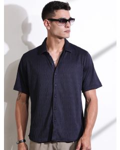 Navy Oversized Textured Knitted Casual Shirt