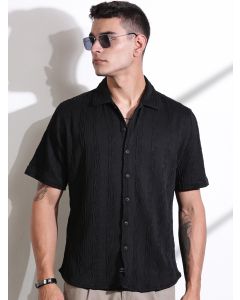 Black Oversized Textured Knitted Casual Shirt