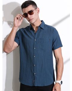 Teal Slim Fit Textured Seersucker Casual Shirt