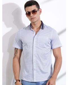Blue Slim Fit Micro Ditsy Printed Knit Shirt