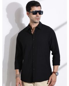 Black Slim Fit Solid Seersucker Casual Shirt