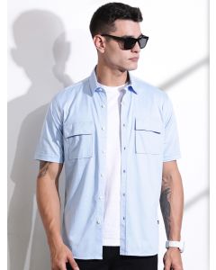 Blue Slim Fit Short Sleeve Solid Cotton Knitted Shirt