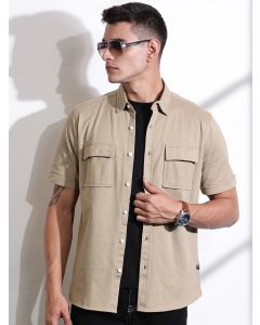 Beige Slim Fit Short Sleeve Solid Cotton Knitted Shirt