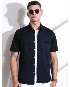 Black Slim Fit Short Sleeve Solid Cotton Knitted Shirt
