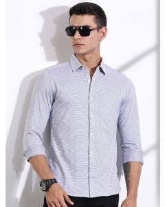Black Slim Fit Spread Collar Horizontal Striped Cotton Knitted Shirt