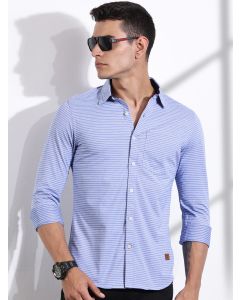 Blue Slim Fit Spread Collar Horizontal Striped Cotton Knitted Shirt