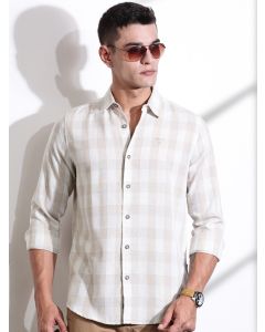 Beige Slim Fit Windowpane Checked Cotton Casual Shirt