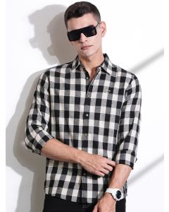 Black Slim Fit Windowpane Checked Cotton Casual Shirt
