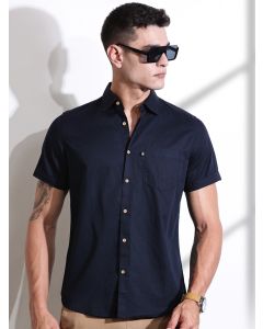 Navy Slim Fit Short Sleeves Spread Collar Solid Cotton Casual Shirt