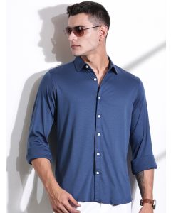 MediumBlue Spread Collar Slim Fit Long Sleeves Solid Knitted Shirt