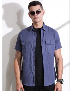 Blue Slim Fit Solid Linen Casual Shirt