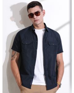 Navy Slim Fit Solid Linen Casual Shirt