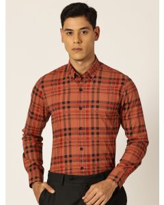 Red Slim Fit Windowpane Checked Cotton Formal Shirt