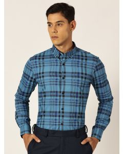 NavyBlue Slim Fit Windowpane Checked Cotton Formal Shirt