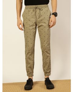 Beige  Printed Smart Slim Fit Easy Wash Joggers Trousers
