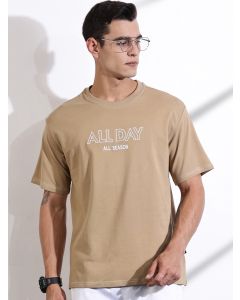 Beige Oversized Typography Print Knit Tshirt