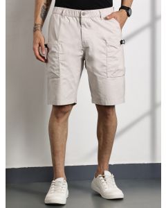 Beige Mid-Rise Solid Cargo Shorts