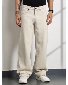 Beige Mid-Rise Non Stretchable Baggy Jeans