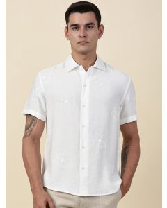 White Regular Fit Short Sleeves Cuban Collar Embroidered Shirt