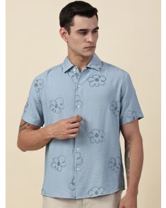 Blue Regular Fit Short Sleeves Cuban Collar Embroidered Shirt