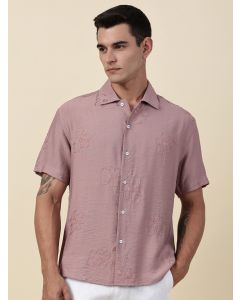 Pink Regular Fit Short Sleeves Cuban Collar Embroidered Shirt