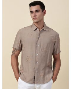 Beige Regular Fit Short Sleeves Cuban Collar Embroidered Shirt