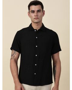 Black Regular Fit Short Sleeves Cuban Collar Embroidered Shirt