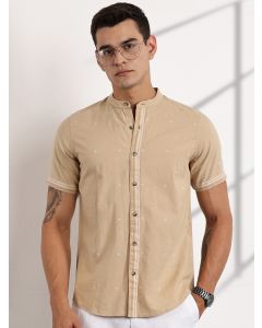 Beige Slim Fit Short Sleeve Mandarin Collar Cotton Casual Shirt