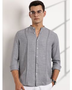 Grey Slim Fit Long Sleeves Mandarin Collar Textured Casual Shirt
