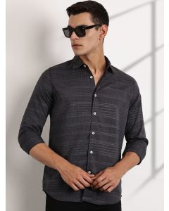 Grey Slim Fit Cutaway Collar Long Sleeves Self Design Casual Shirt