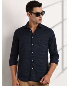 Navy Slim Fit Cutaway Collar Long Sleeves Self Design Casual Shirt