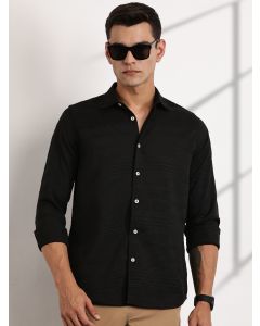 Black Slim Fit Cutaway Collar Long Sleeves Self Design Casual Shirt