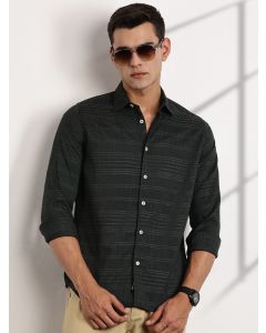Olive Slim Fit Cutaway Collar Long Sleeves Self Design Casual Shirt