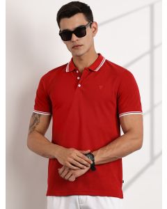 Red Regular Fit Short Sleeves Polo Collar Knit Tshirt