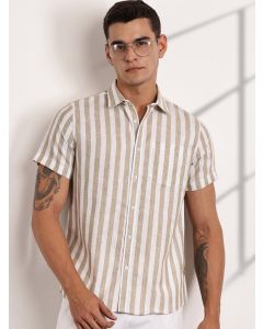 Brown Slim Fit Short Sleeves Vertical Striped Linen Shirt