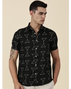 Black Slim Fit Short Sleeves Geometric Print Casual Shirt