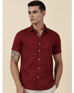 Red Slim Fit Short Sleeves Horizontal Stripes Casual Shirt