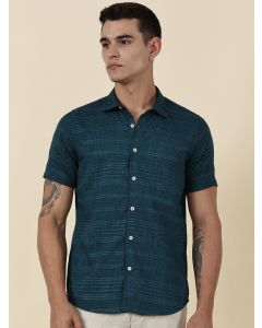 Teal Slim Fit Short Sleeves Horizontal Stripes Casual Shirt