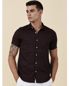 Wine Slim Fit Short Sleeves Horizontal Stripes Casual Shirt