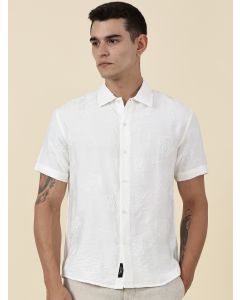White Regular Fit Short Sleeves Spread Collar Embroidered Shirt