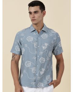 Blue Regular Fit Short Sleeves Spread Collar Embroidered Shirt