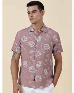 Pink Regular Fit Short Sleeves Spread Collar Embroidered Shirt