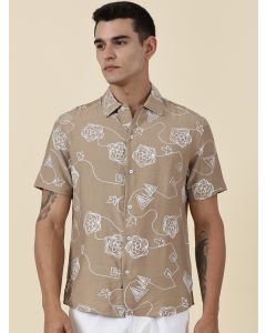 Beige Regular Fit Short Sleeves Spread Collar Embroidered Shirt