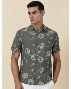 Olive Regular Fit Short Sleeves Spread Collar Embroidered Shirt