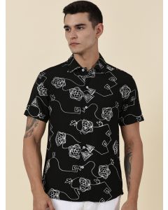 Black Regular Fit Short Sleeves Spread Collar Embroidered Shirt