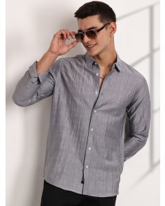 Grey Slim Fit Long Sleeves Horizontal Stripes Casual Shirt