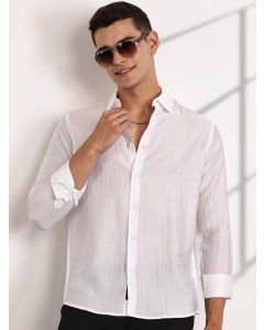 White Slim Fit Long Sleeves Vertical Stripes Casual Shirt