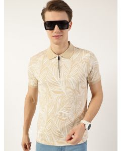 Beige  Floral Printed Polo Collar Pockets T-shirt